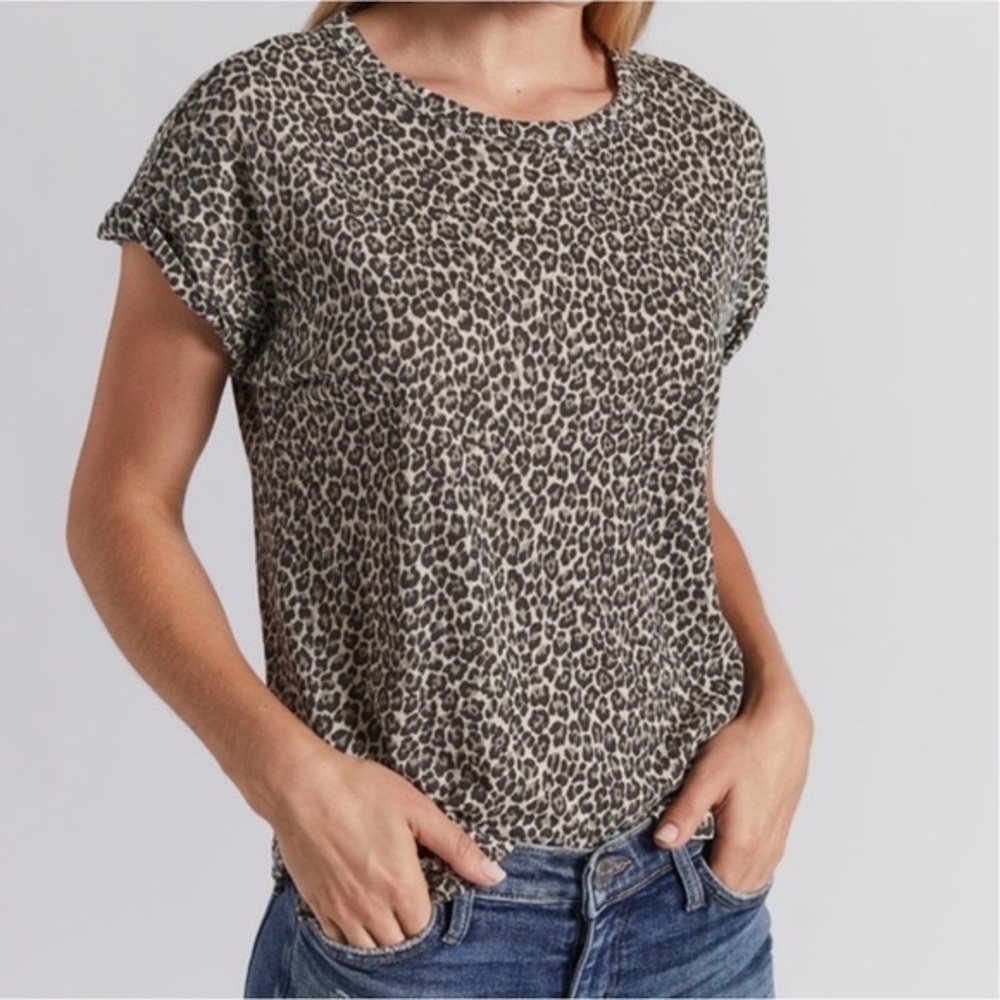 Current Elliott Leopard Print Tee Crewneck Cuffed Linen Cotton Sz XS
